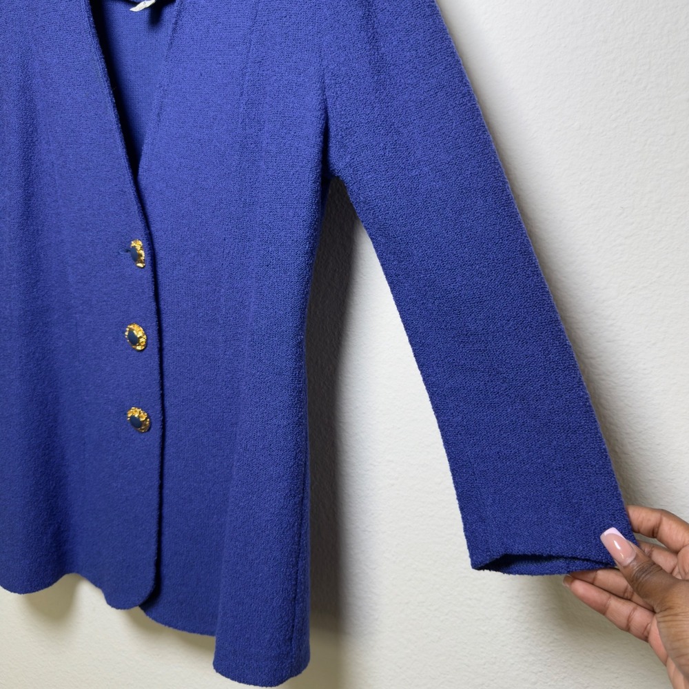 St. John Women Blazer 6 Blue Knit Gold Button V-Neck Long Sleeve Jacket Gold - Picture 5 of 8
